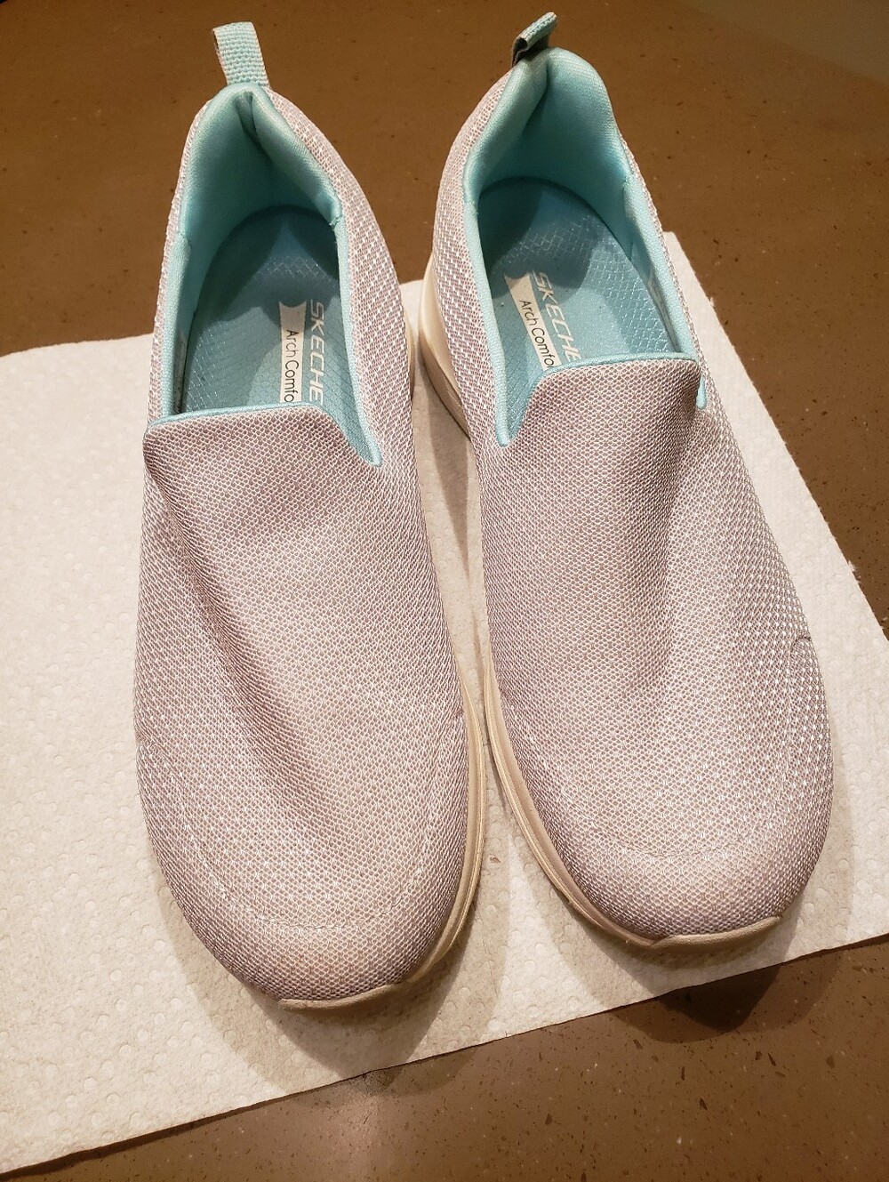 Gray fabric Skechers. Arch comfort.